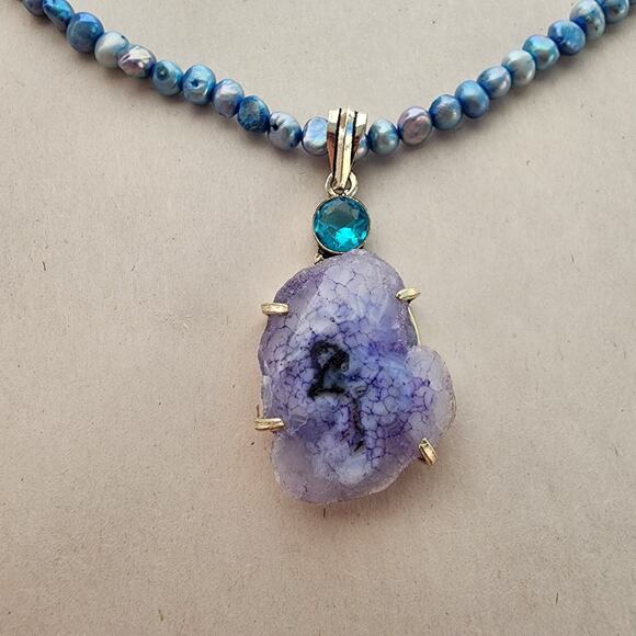 Sterling 925 Blue Pearl Necklace Choker coquette fairy Blue Solar Quartz In Box - Picture 5 of 9